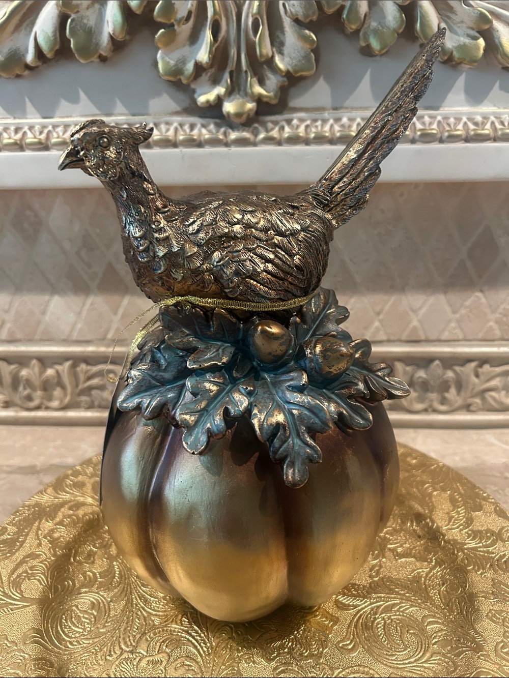 NWT Gold and Bronze Decorative Pheasant Pumpkin Accent - Home Accents